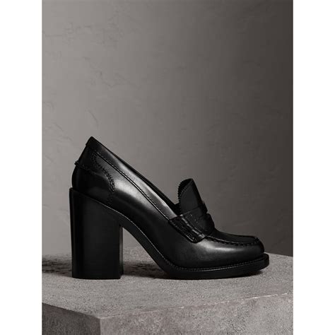 Black Leather Penny Loafers With Heel 